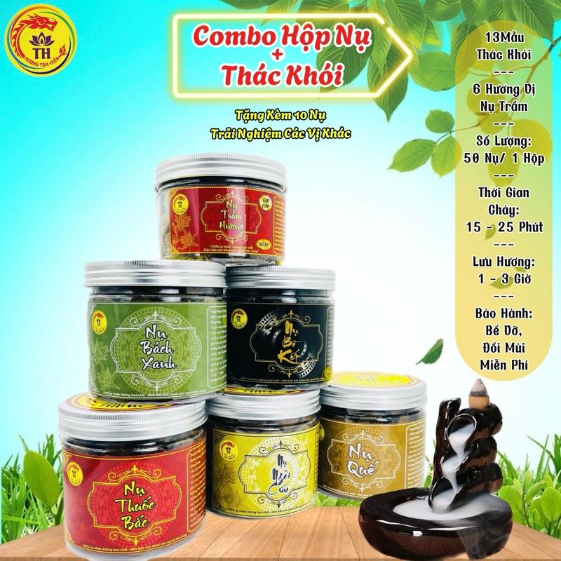 Trầm Hương Cao Cấp, Trầm Nụ Thảo Dược 5 Hương Vị (Thuốc Bắc, Bồ Kết, Bách Xanh, Ngải Cứu, Quế), Combo 1 Thác Khói Tiểu Cảnh Xông Trầm Khói Ngược Chọn Màu Hợp Mệnh + 1 Hộp Trầm 50 Viên(200gram) | Thu Hiền Nhang Sạch