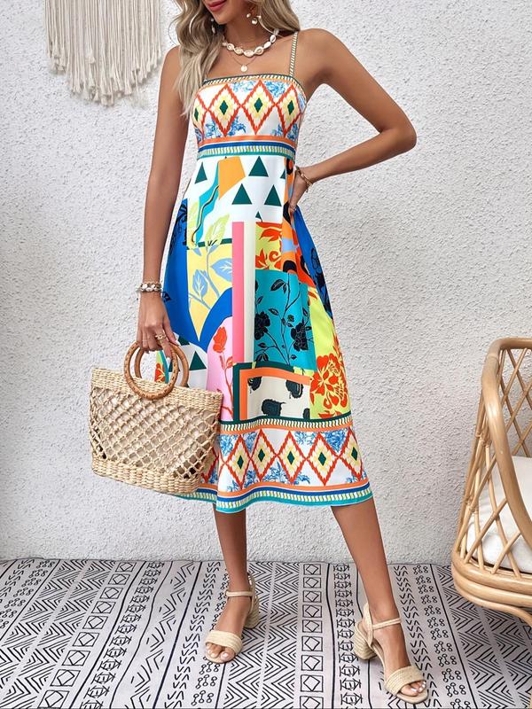 Women's All Over Print Shirred Dress without Bag, Elegant Sleeveless A Line Dress for Summer, Ladies Clothes for Beach Holiday Vacation 4