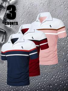 Men's Horse Print Contrast Collar Polo Shirt, Regular Fit Sport Athletic Casual Short Sleeve Top for Summer, Fashion Men's Clothes for Daily Wear,  Striped Polo Shirt, Athletic Sports Clothing, Athletic Workout Clothing