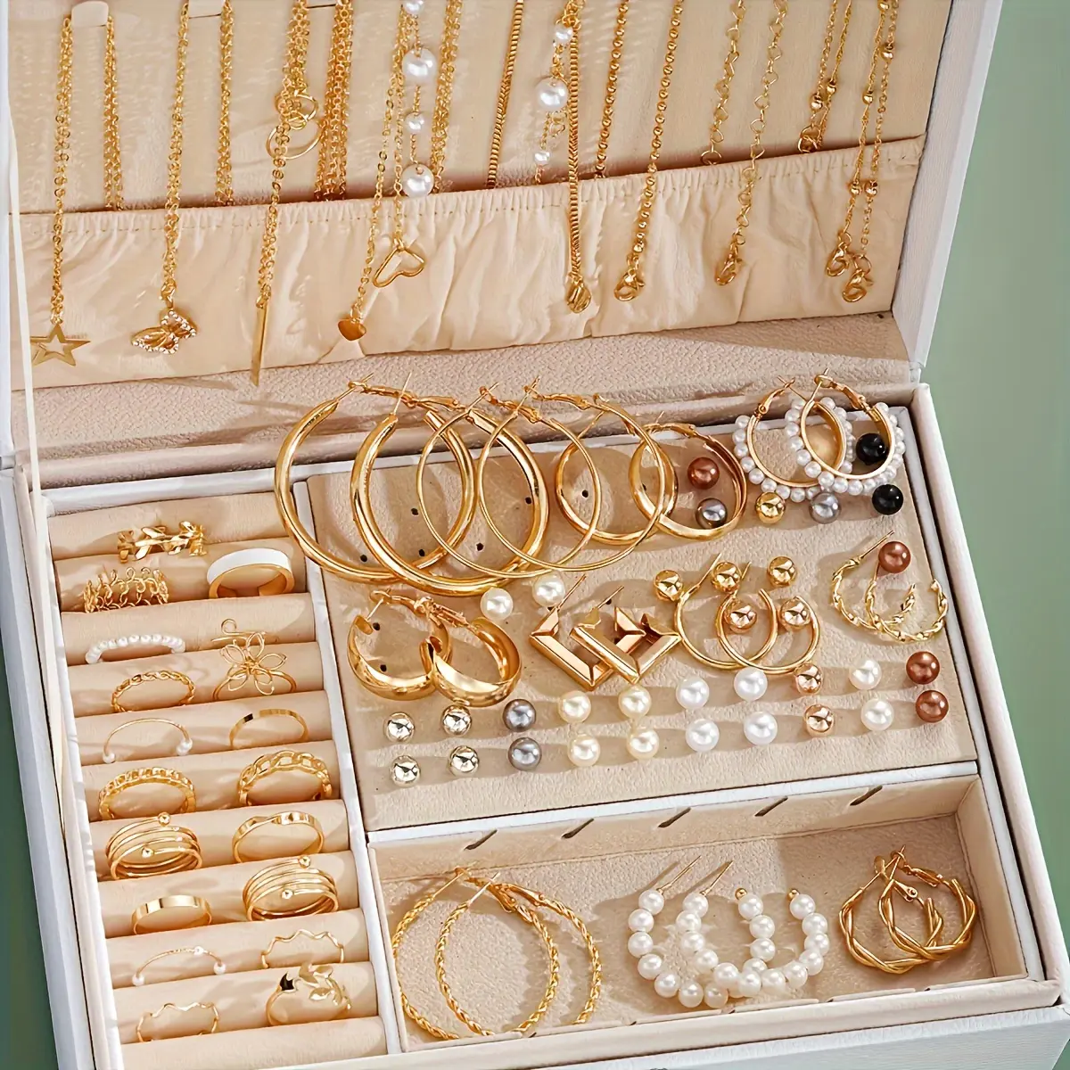 Elegant Vintage Jewelry Set 56pcs for Women Ring Necklace Earring Pearly Gold for Daily Dating Valentine Mother’s Day