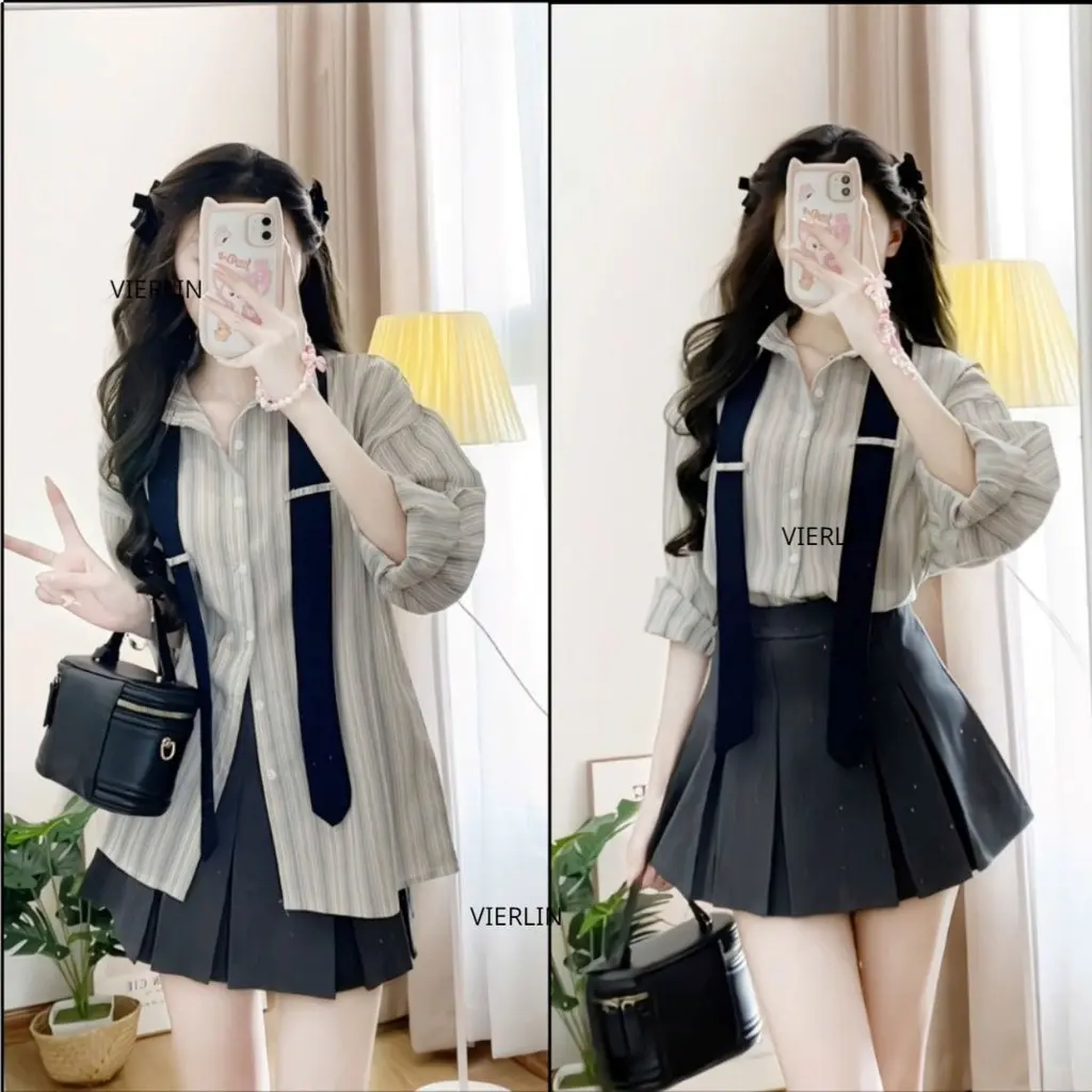 Áo Sơ Mi Nữ VIERLIN Kẻ Dọc Tay Bẻ Phối Kèm Cà Vạt Kiểu Cách Điệu - VA67