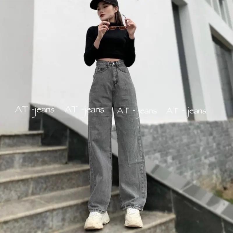 Quần Jeans ống suông cạp cao (5043) Pants Nữ Women Xám 0