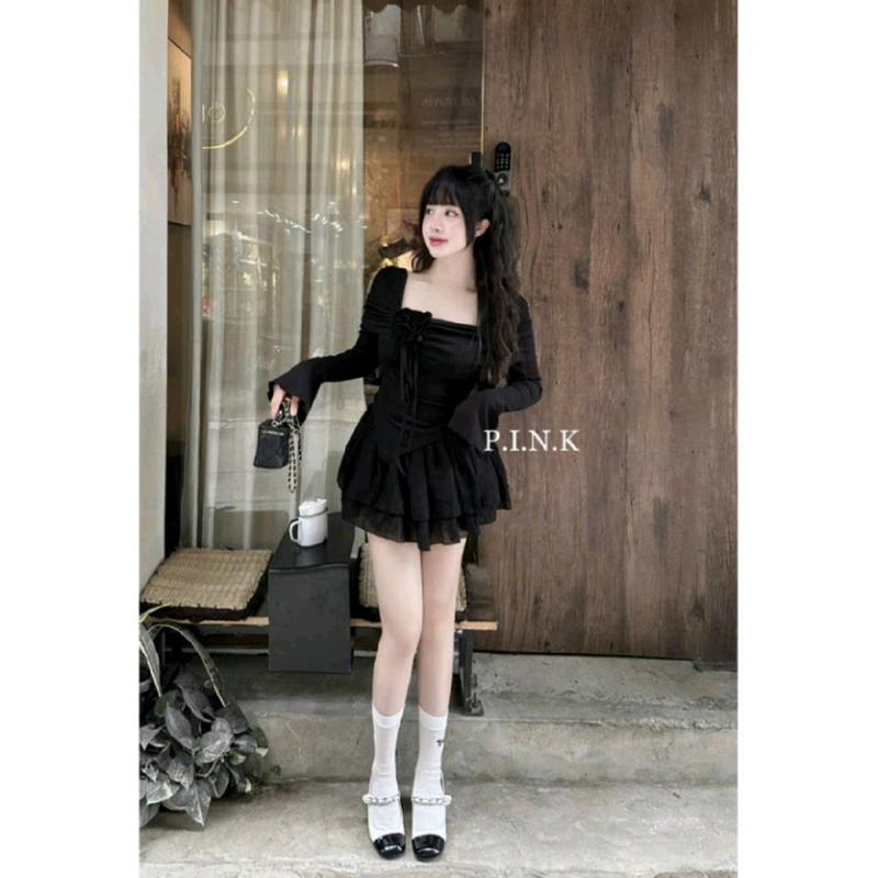 Áo kiểu douyin tay ống loe trễ vai chất thun tăm phong cách tỷ tỷ trung hoa Nữ Tay Loe 3