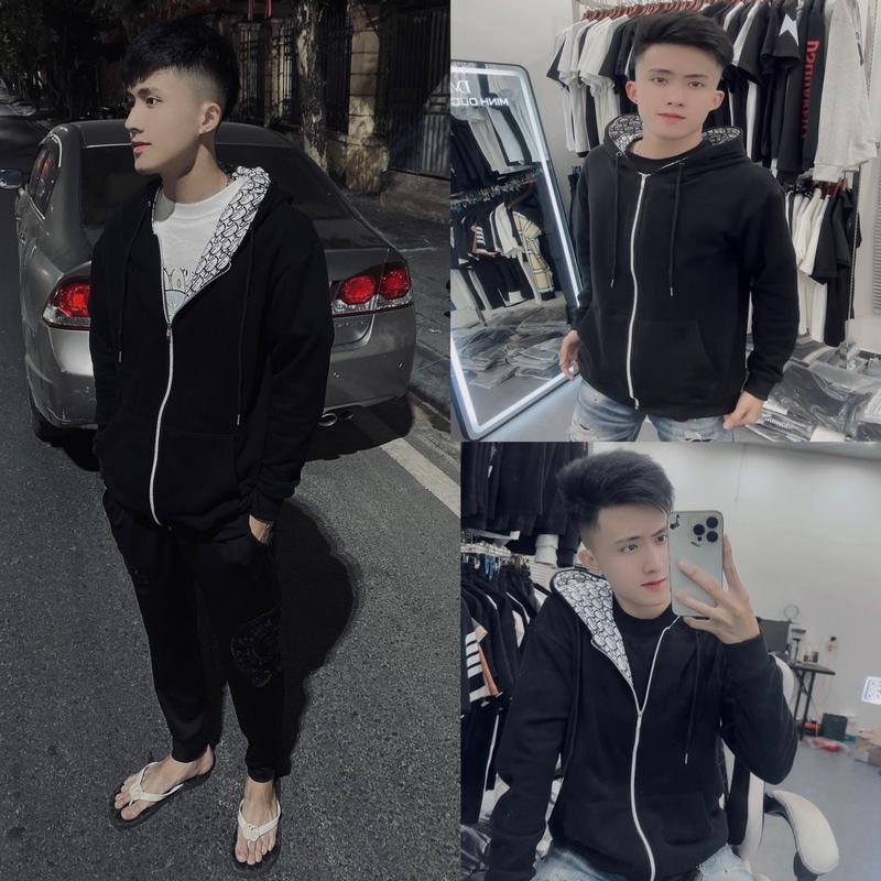 Áo hoodie khóa zip trơn mũ lót vân họa tiết chữ