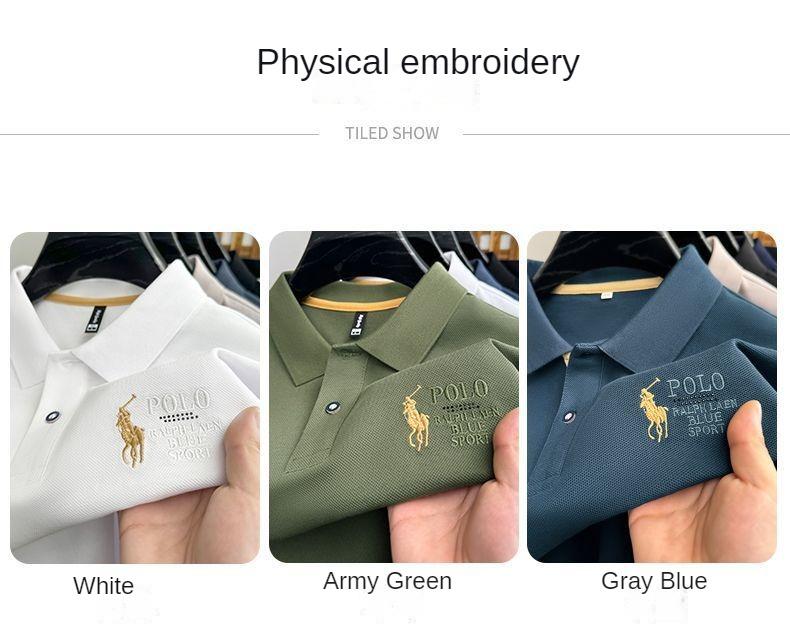 Product Introduction of Kemeja-T Baru, Gaya Kasual Perniagaan Musim Panas, Lengan Pendek, Kemeja Polo Lelaki, Lapel, Warna Pepejal, Fesyen, dengan Sulaman, Sesuai untuk Pakaian Kasual 4