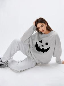 YOZY Women's Halloween Pumpkin Face Print Drop Shoulder Thermal Lined Sweatshirt, Casual Long Sleeve Round Neck Pullover for Fall & Winter, Women's Clothes for Daily Wear