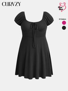 CURVZY Plus Size Plain Ruched Tie Front Puff Sleeve Square Neck A Line Dress, Casual Minimalist Short Sleeve High Waist Sundress for Summer, Dresses for Women, Holiday Dresses, Women's Clothing for Daily Wear