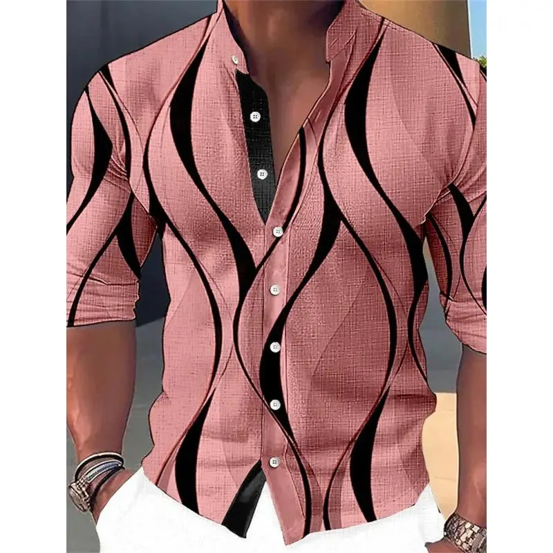 2024 New Men's Geometric Standing Neck Long sleeved Printed Clothing Outdoor Fashion Street Fashion Designer Casual Plus Size Menswear Top Shirts Lingerie