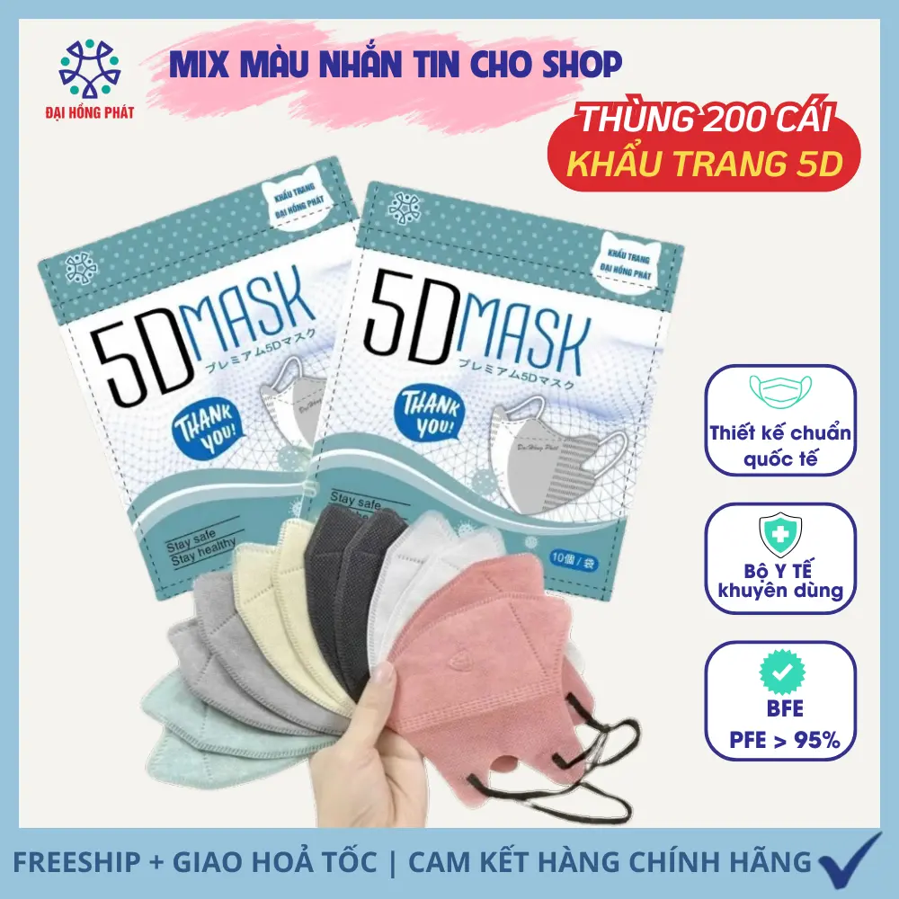 [Thùng 200 Cái] Khẩu Trang 5D ĐẠI HỒNG PHÁT Kháng khuẩn, Chống Nắng, Chống Bụi, Chống Tia UV