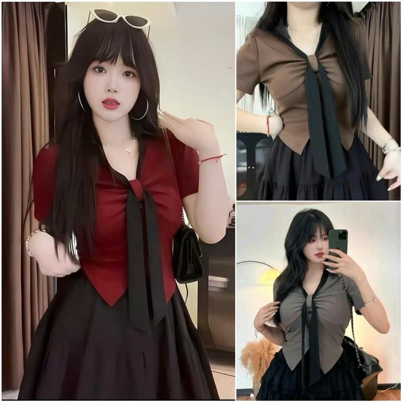 Áo Thun Cổ POLO + Chân váy có lót .Sét đồ nữ đẹp áo thun phối cổ sơ mi chất thun tăm lạnh CC co giãn 4 chiều . from chuẩn dễ mặc. MS: 4024 Bigsize :45-85 kg Nữ Women Top Nhung Voi