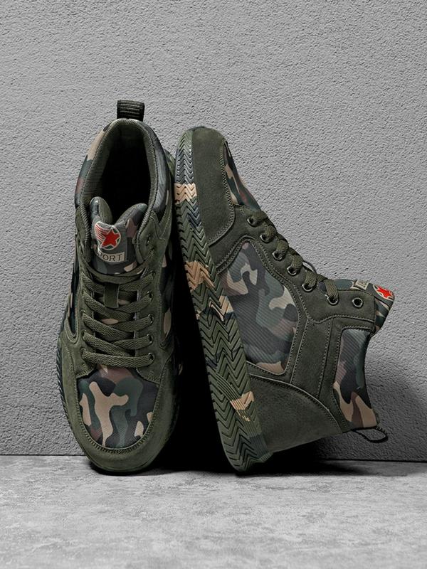 1 Pair Camo Pattern Lace Up High Top Canvas Sneakers, Casual Sporty Trainers for Outdoor Activities, Outdoor Casual Sports Shoes, Gym Shoes, Footwear 6