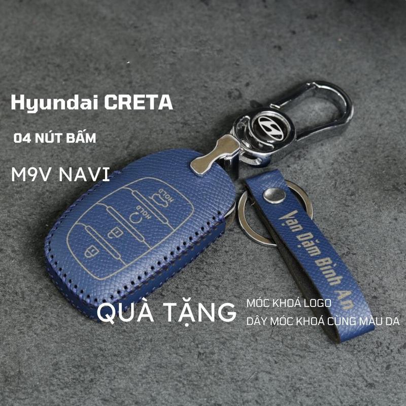 Bao da móc khoá bọc ốp chìa khóa xe ô tô Hyundai Creta 2023, Hyundai Stargazer 2022 2023 4 nút da bò thật Móc Khóa