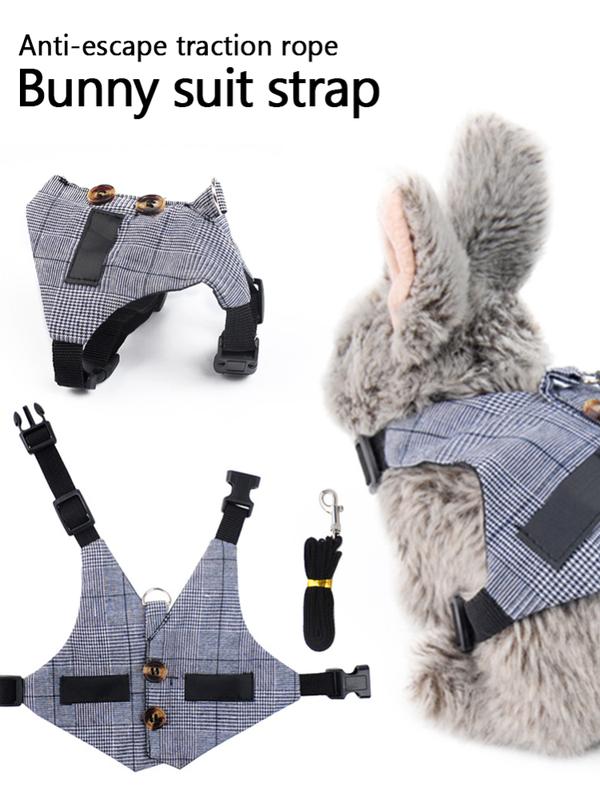 Product Introduction of Rabbits Suit Vest Small Pet Gray Plaid Harness Adjustable Breathable Rabbit Chest Strap Outdoor Pet Vest with Pulling Rope S/M/L 14