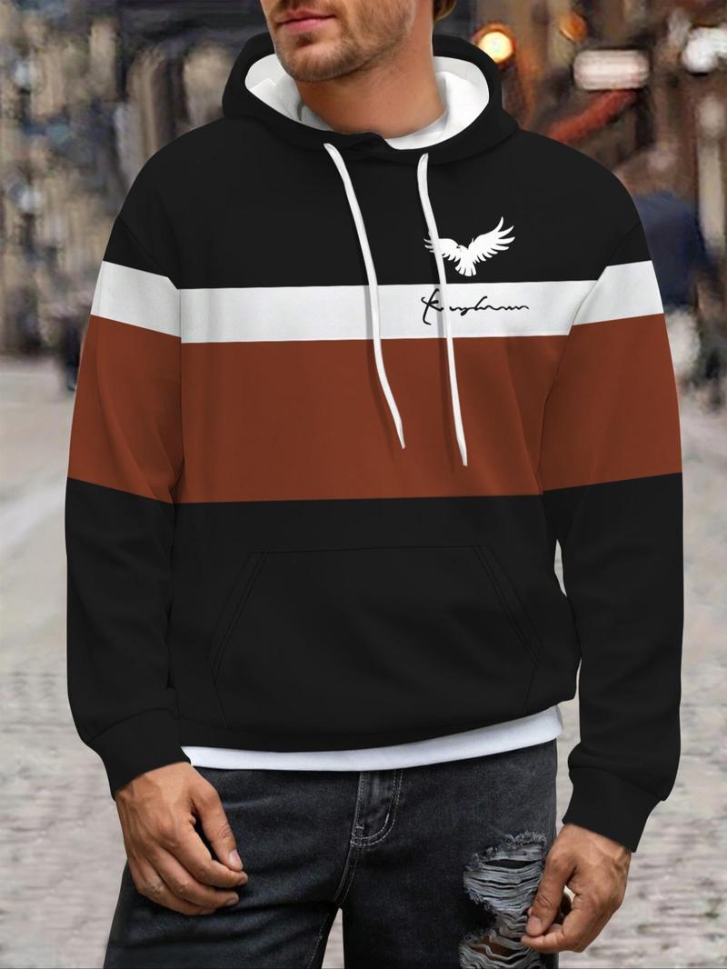 Product Introduction of Men's Patchwork Letter & Eagle Print Drop Shoulder Hoodie, Casual Regular Fit Drawstring Pocket Hooded Sweatshirt for Fall & Winter, Men's Clothes for Daily Wear 4