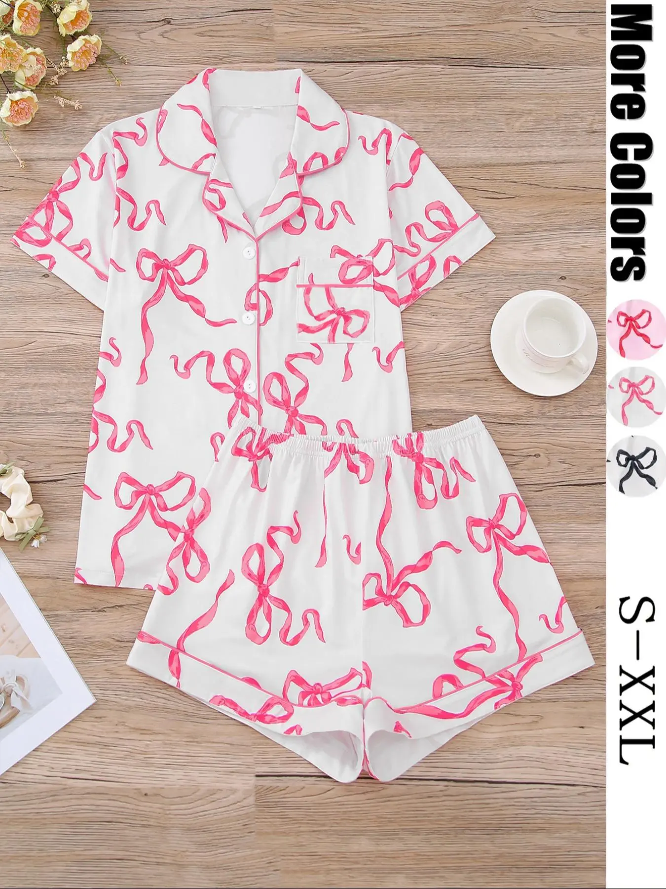 Women's All Over Bow Print Shirt & Elastic Waist Shorts Pyjama Two-piece Set, Casual Comfy Short Sleeve Top & Shorts Pj Set, Ladies Sleepwear for All Seasons, Lounge Set for Women, Loungewear, Womenswear, Homewear