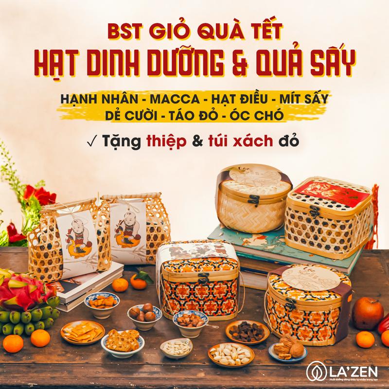 Giỏ Quà Tết 2025 hạt dinh dưỡng và quả sấy bằng mây tre đan La'zen (set quà tết sang trọng)