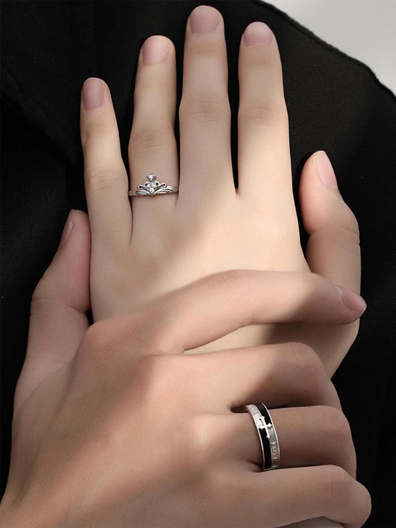 Product Introduction of Fashion Cross & Letter Design Couple Ring (1 Pair), Elegant Rhinestone Decorated Couple Ring, Couple Jewelry for Daily Decoration, Valentine's Day, Gift 9