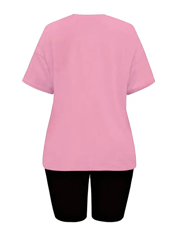 Two-piece Set Women's Letter Print Short Sleeve Tee & Skinny Shorts, Casual Round Neck T-shirt & Short Leggings, Ladies Clothes for Daily Wear, Suits, Womenswear, Matching Outfits, Outfit Sets Women, Casual Loungewear Set 8