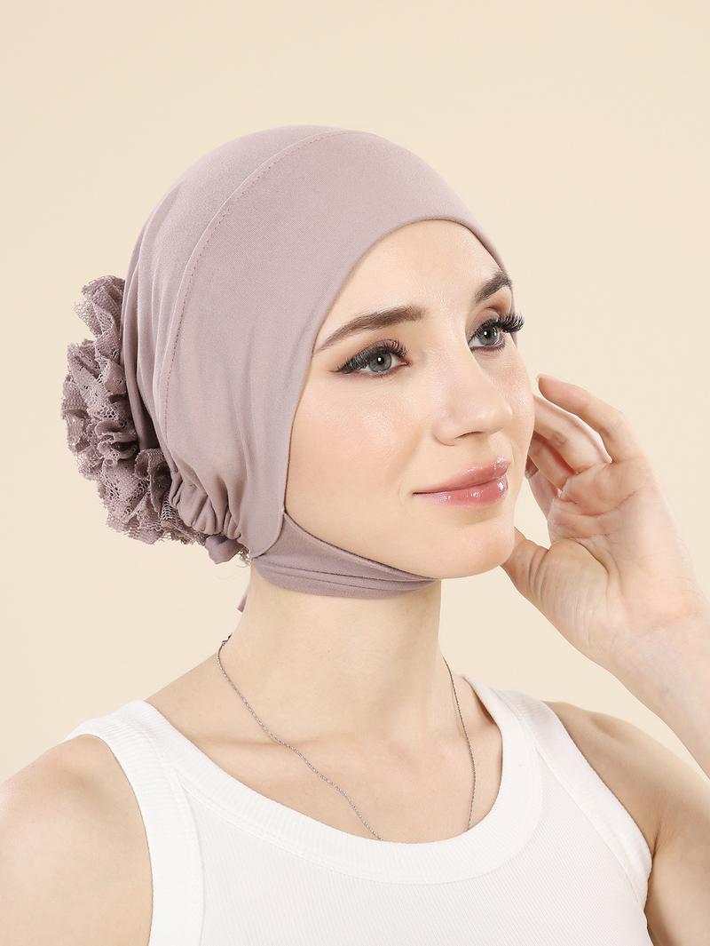Product Introduction of Pashmina Inner Hijab Solid Color Drawstring Bottom Hat Fashion Lace Back Floral Muslim Headscarf Hat for Women 11