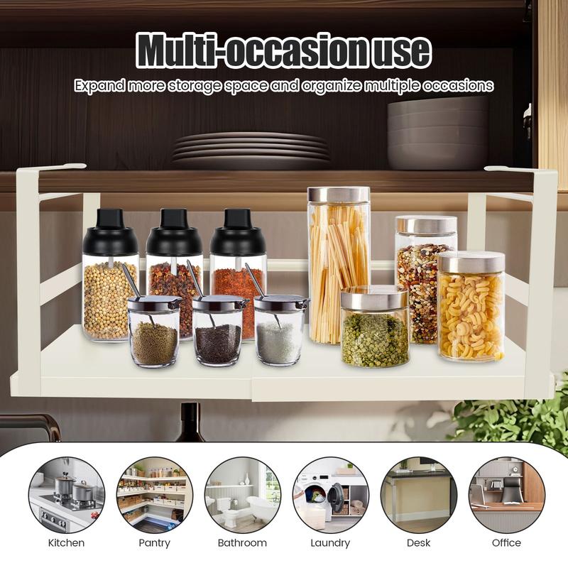Product Introduction of Expandable Under Shelf Storage Carbon Steel Under Shelf Basket Hanging Under Shelf Organizer Slide in Under Cabinet Shelf for Pantry Cabinet Laundry Room c05Pp 28