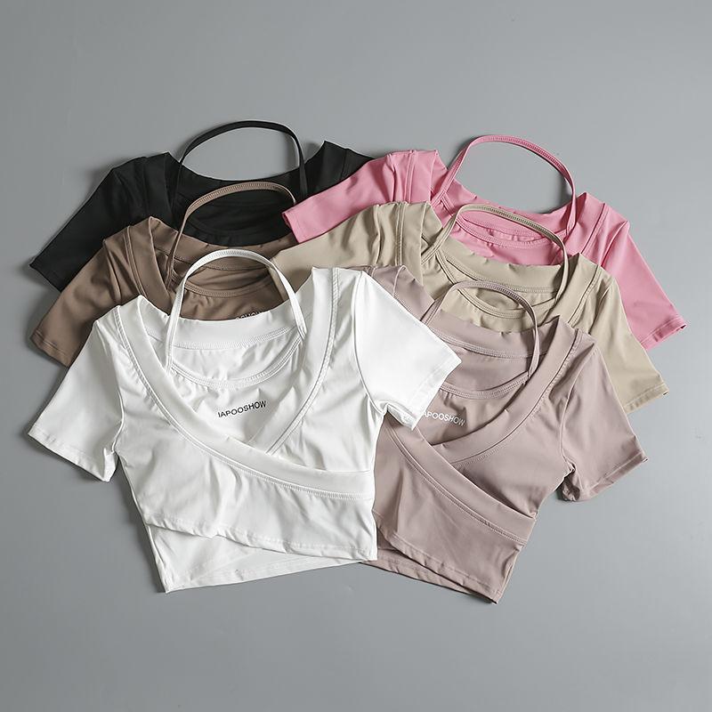 Product Introduction of Áo Crop-Top, dành cho nữ, ngắn Tay, bó sát, hai mảnh giả, thích hợp cho tập luyện, chạy, tập luyện, Yoga, áo phông với đệm ngực 2