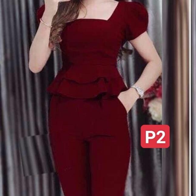 Set đồ bộ cổ vuông, tà áo nhún bèo, tay áo cộc -- P Nữ Top Women Đỏ