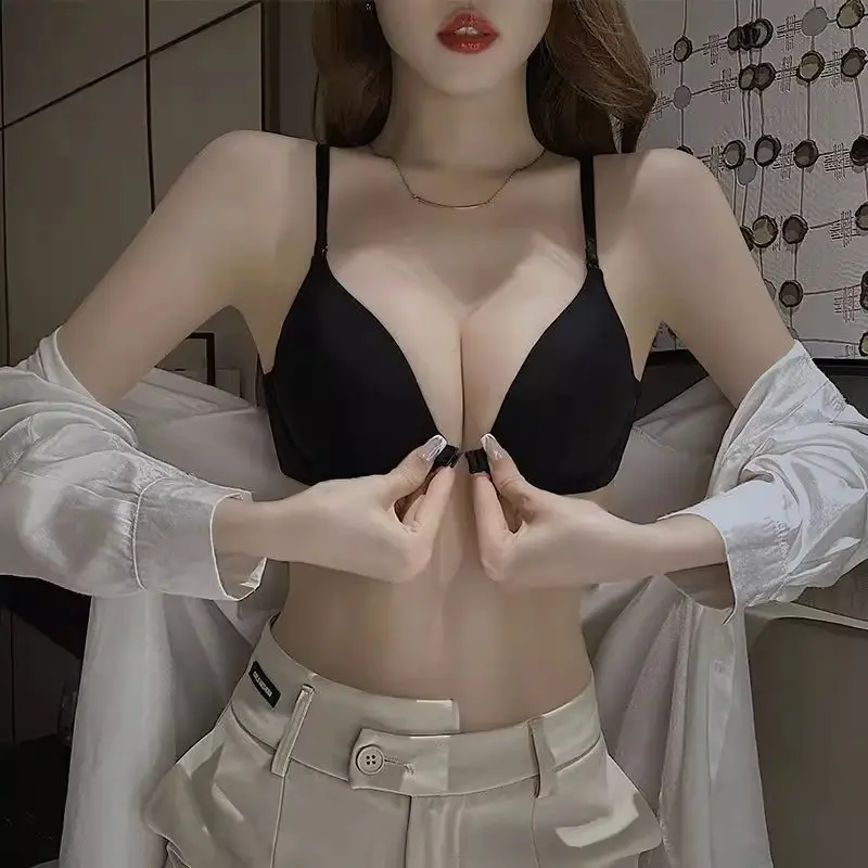 Women's bra with front button style seamless underwear, women's sense of confusion, gathering text bra, big size, big chest, small cross back beauty