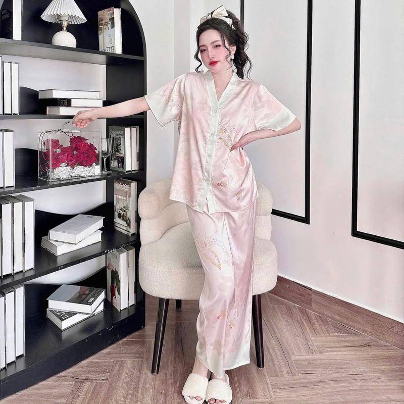 Bộ đồ ngủ nữ pyjama cổ y chất lụa latin cao cấp tay ngắn quần dài họa tiết mới 5
