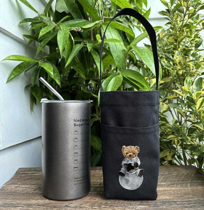 Túi đựng ly đựng bình nước bottle bag vải canvas đen in hình Teddy phi hành gia Hiany AB07 1