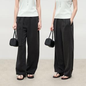 Textured Silk Straight Pants with Buckle Detail