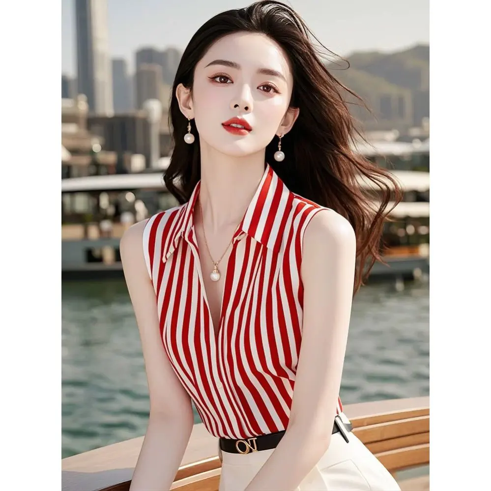 Áo Sơ Mi Không Tay Sọc Đỏ, Phong Cách Sang Trọng Sang Trọng Hàn Quốc, Dành Cho Thời Trang Nữ Mùa Hè, Cổ Polo Sang Trọng Cao Cấp, Áo Phong Cách Hồng Kông, Đẹp Top Women
