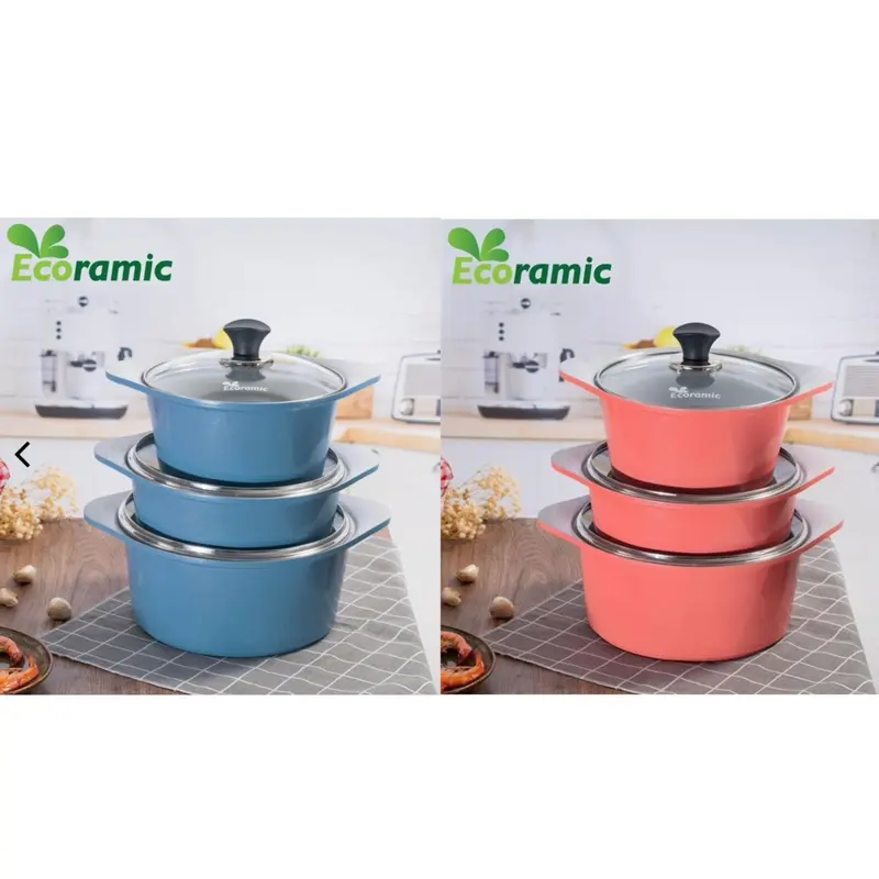 BỘ 3 NỒI VÂN ĐÁ ECORAMIC VLINE 6 CHỐNG DÍNH (Tặng chảo inox 20cm, bắc nồi silicon)  [Dùng mọi loại bếp] 0
