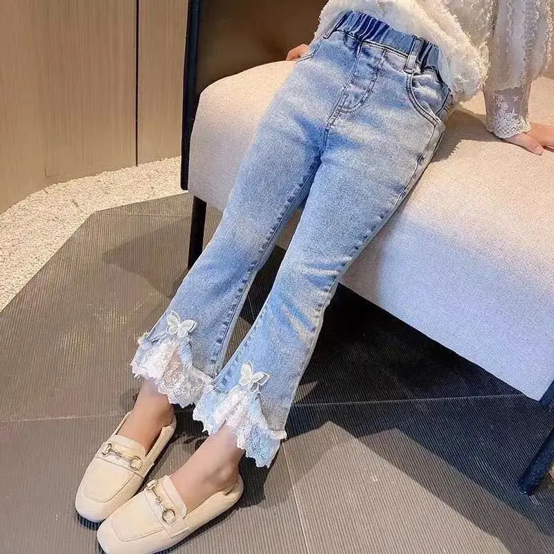 Quần Dài Jean Bé Gái, Quần Áo Trẻ Em, Cạp Cao, Quần Ống Loe, Dành Cho Trẻ Em Trung Bình Và Lớn, Phong Cách Phương Tây Dáng Rộng Rãi, Thích Hợp Cho Bé Gái, Hàng Mới Về Mùa Xuân Và Mùa Thu 2024
