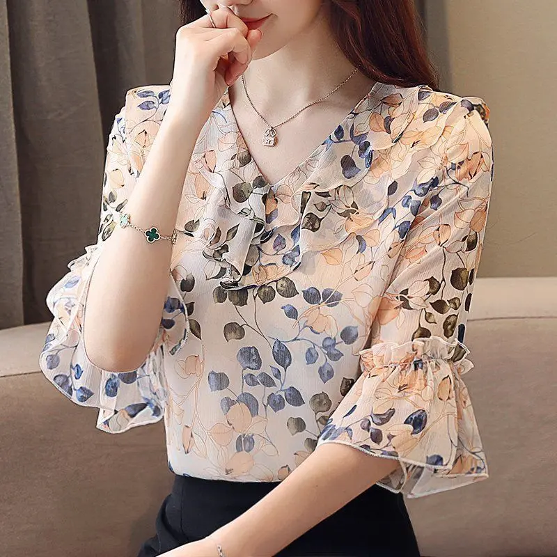 Áo Voan Hoa, Cỡ Lớn Ngắn Tay, Quần Áo Nữ, Áo Thời Trang Mới, Thanh Lịch, Áo Sơ Mi Nhỏ Mùa Hè 2024