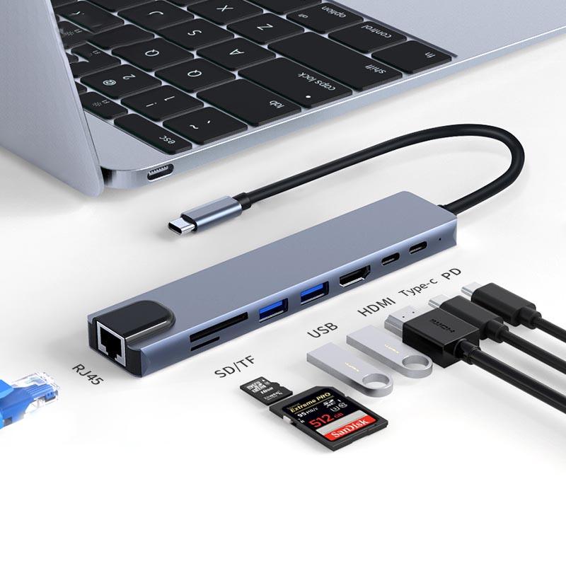  Trạm kết nối USB C 8in1 HUB Type C sang LAN RJ45 Sạc PD USB 3.0 và 2.0 Đầu đọc HDMI và 4K SD và TF Tương thích với máy tính xách tay điện thoại di động và máy tính bảng 