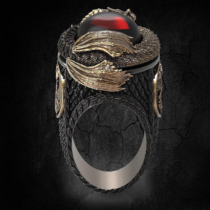 Dargon and Phoenix vintage black gold men's ring Engraved gold and red garnet ring Anniversary gift Wedding 2