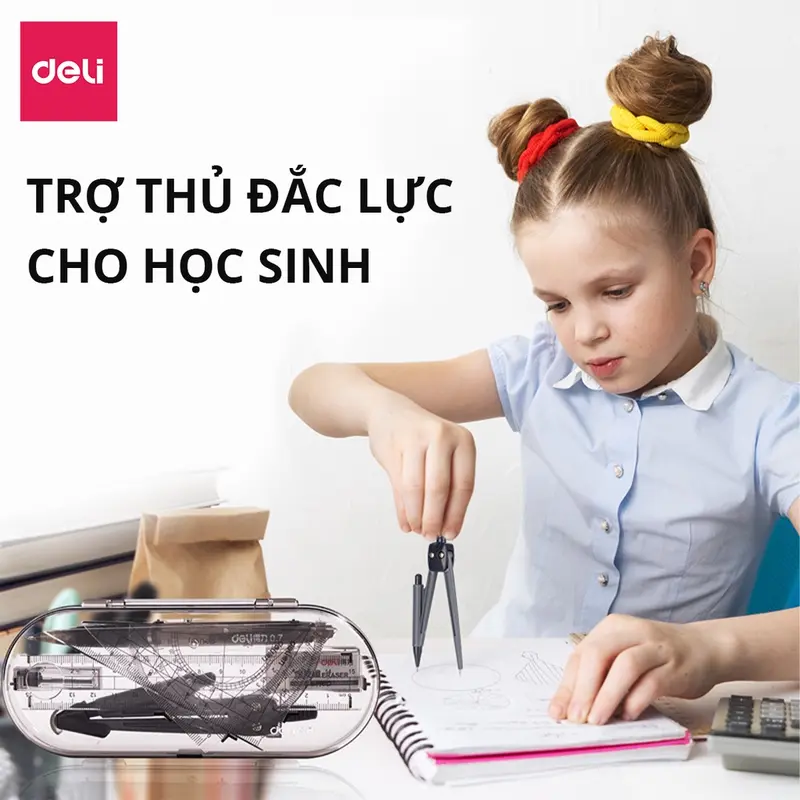 Bộ thước kẻ eke compa 8 món Deli - chuyên dụng cụ học tập cho học sinh eke thước kẻ tẩy chì đồ dung học tập bút chì kim hộp nhựa chắc chắn 1