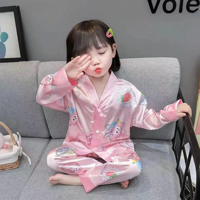 Đồ Ngủ Bé Gái, Hàng Mới Về, Dài Tay, Chất Liệu Lụa Lạnh Thích Hợp Cho Mùa Xuân Và Mùa Thu, Áo Cardigan Hoạt Hình, Bộ Quần Áo Mặc Nhà Dễ Thương, Thích Hợp Cho Mùa Hè, Quần Áo Trẻ Em