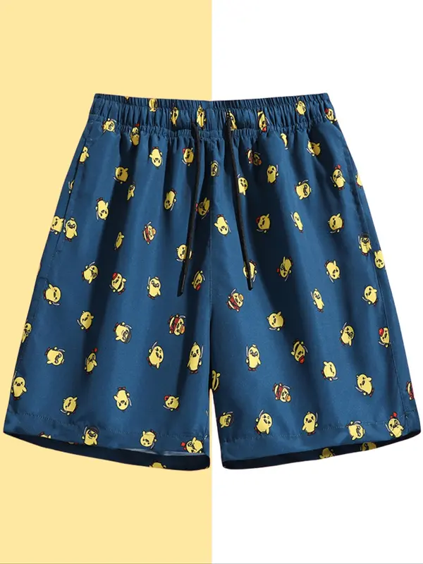 Men's Colorblock Cartoon Print Beach Shorts, Casual Elastic Waist Swim Shorts for Summer, Trendy Pool Gear & Family Beach Day Essentials 2