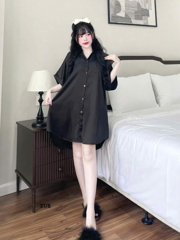 Freesize 55Kg - 95Kg Form Dơi Rộng Rãi Đầm Sơ Mi Ngủ Váy Ngủ Nữ Chất Lụa Latin Tay Ngắn Kèm Quần Chữ V Ngắn Set Ngủ Nữ Áo Women Kem