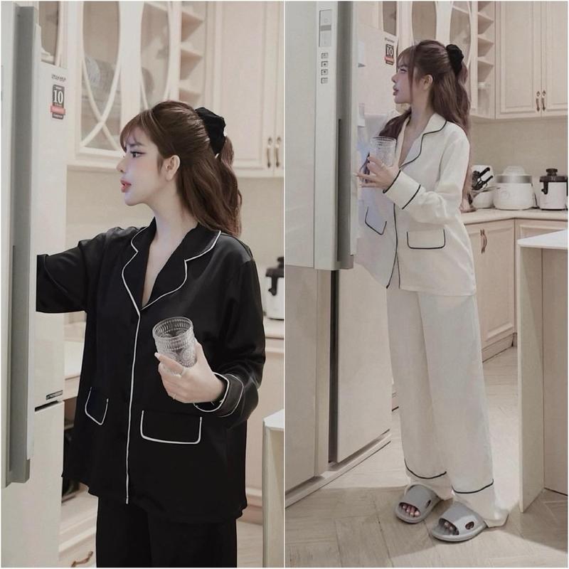 Sét bộ ngủ pijama tay dài viền lé siêu sang chất lụa latin mềm mát (freesize 40-60kg) - Nữ - Women Tay Loe Kem Áo Nhung Ren Chỉ giặt tay Bathrobes & Dressing Gowns