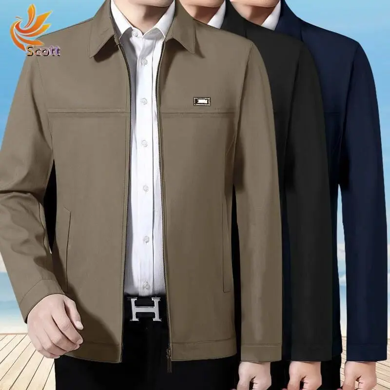 Scott เสื้อโค้ทผู้ชายวัยกลางคนฤดูใบไม้ผลิและฤดูใบไม้ร่วงเสื้อทำงานลำลองเสื้อแจ็คเก็ตผู้สูงอายุวัยกลางคนพร้อมปลอกคอสำหรับพ่อ