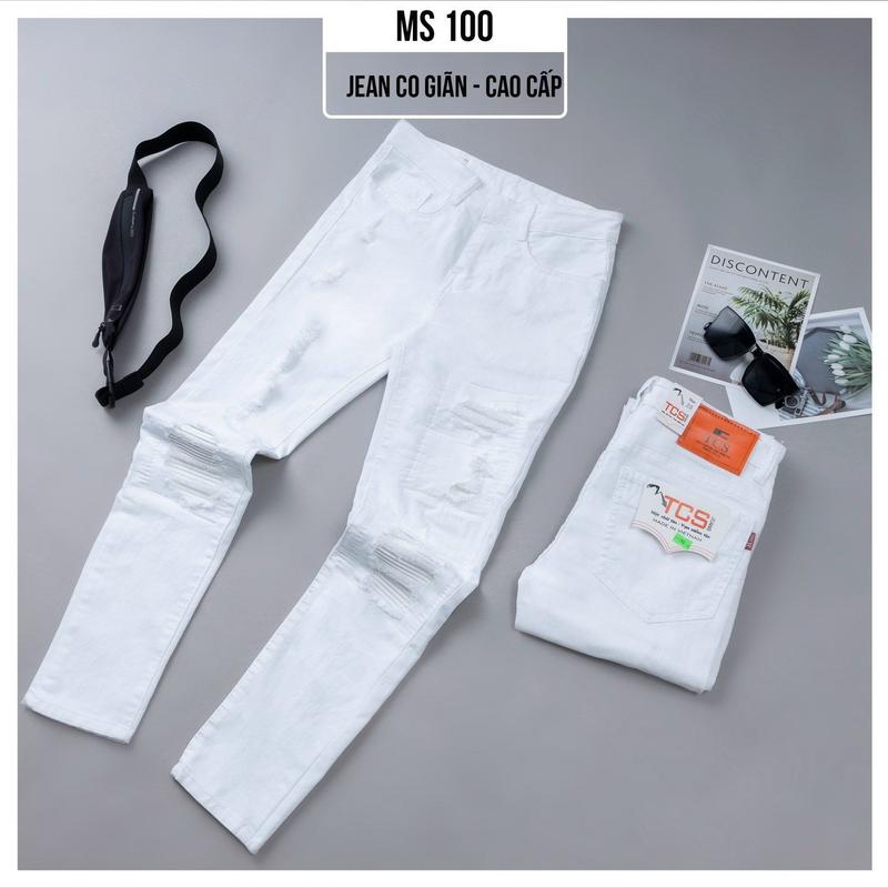 Quần jean nam màu trắng rách kiểu vải bò rách vá da hình thật ts100