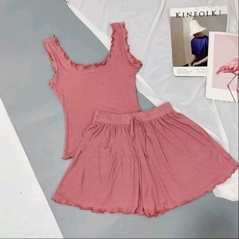 C10 Bộ ngủ áo ba lỗ quần viền bèo thun tăm Sét đồ ngủ sexxy co giãn chất mát lạnh dưới 53kg Nữ Voi