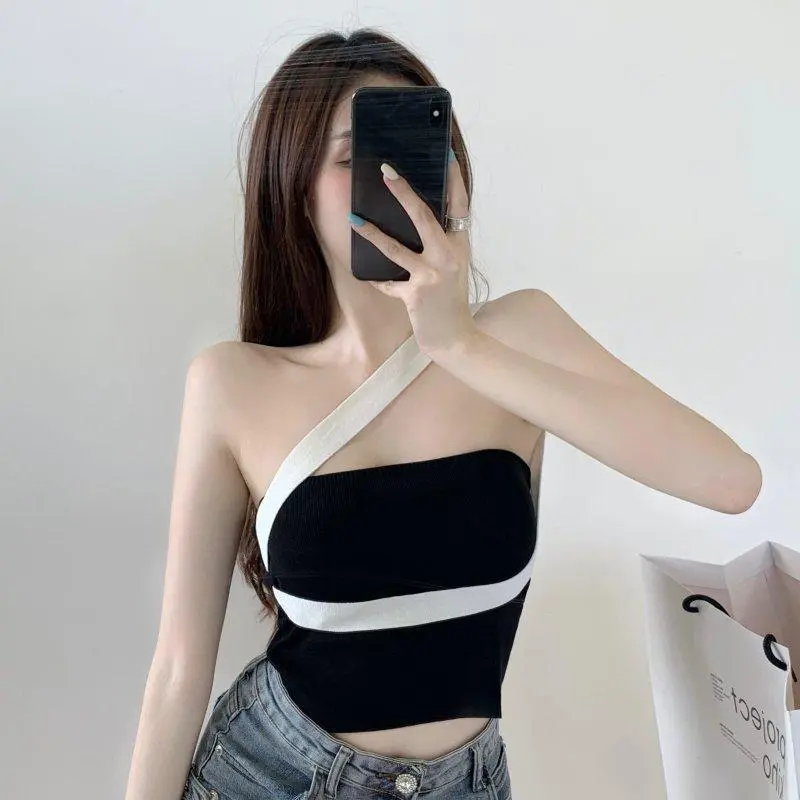 Áo Yếm, Thiết Kế Tương Phản, Gợi Cảm, Vai Nghiêng, Cổ Yếm, Phong Cách Cô Gái Nóng Bỏng, Cắt Xẻ, Lớp Nền, Bán Chạy Top Denim Women