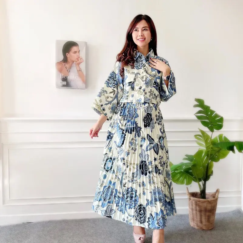 One Set Wanita Nature Korean Vintage Kemeja Crop & Rok Midi Plisket Katun Setelan 5