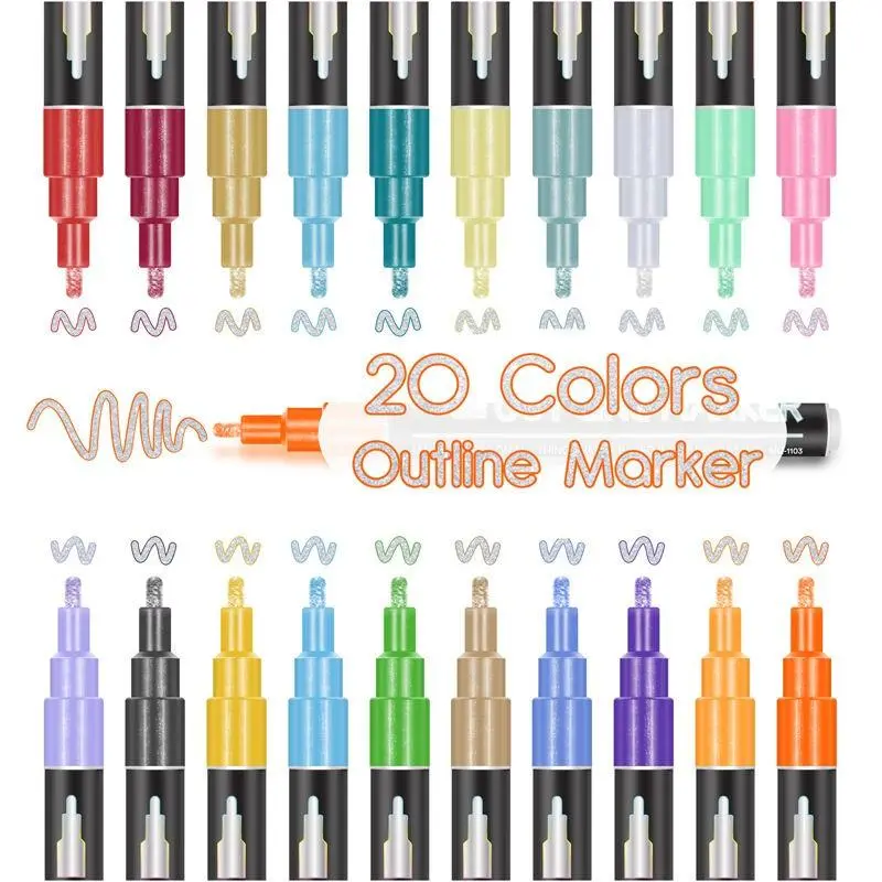 Double Line Outline Marker Pen Set, Colorful Marker Pen, Outline Marker Pen for Signature & DIY Project, Office Stationery & Supplies