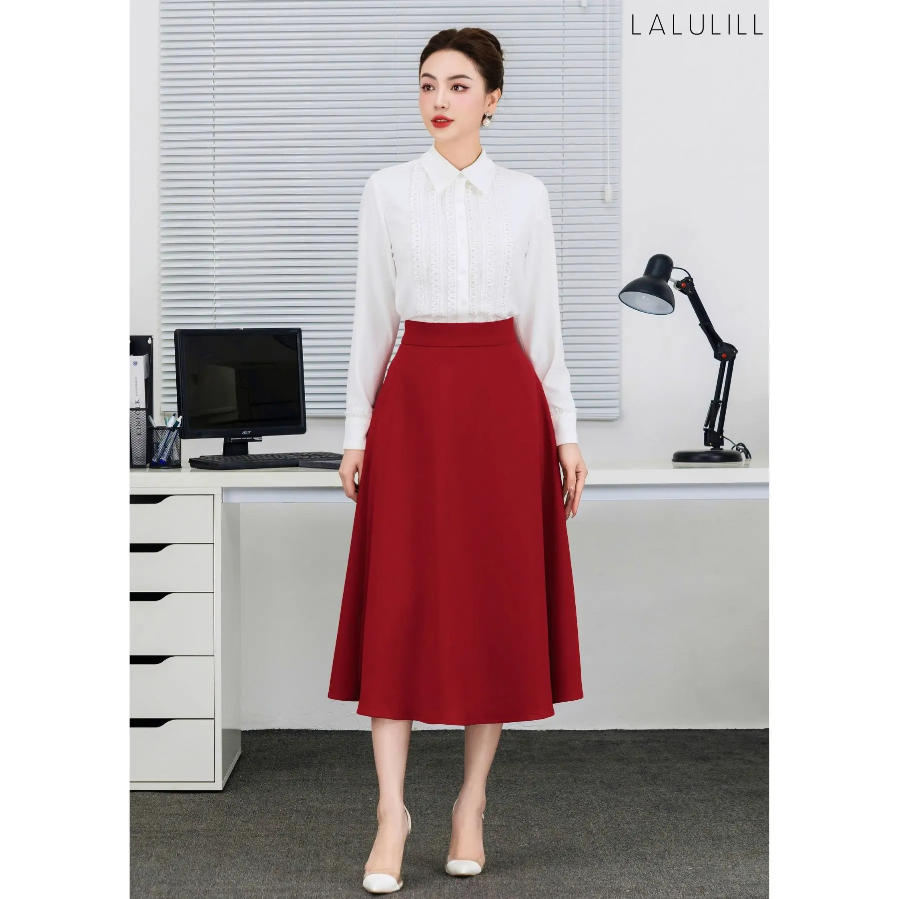 LALULILL Chân váy công sở nữ dáng A dài 80cm - LCV24338