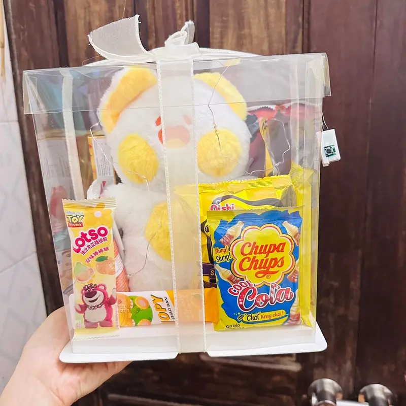 Sét quà bánh kẹo hộp mika tone hồng tặng sinh nhật trung thu lễ tết gấu dâu 5