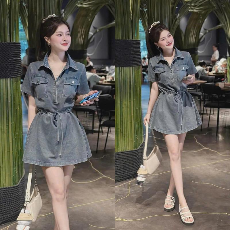 Đầm váy jean nữ cổ áo sơ mi có túi, dây thắt eo dáng xòe phù hợp cho các nàng đi chơi phố, đi dự tiệc sang trọng, trẻ trung